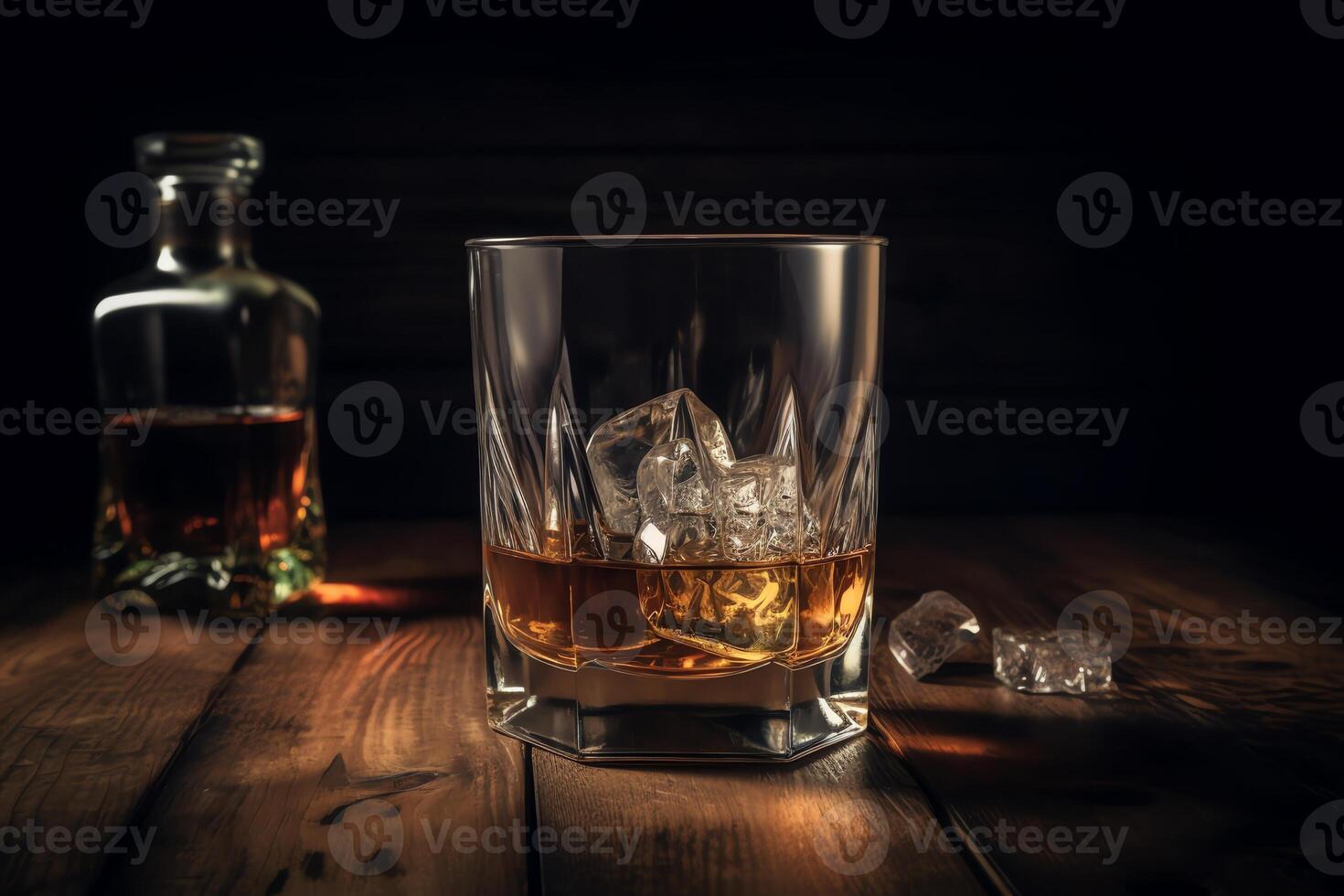 whisky med is på trä- tabell. ai genererad foto