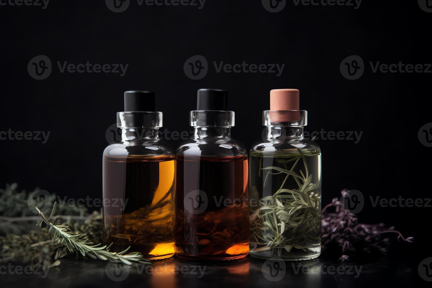 tre flaskor av kosmetika med grundläggande olja och örter på mörk bakgrund. ai genererad foto