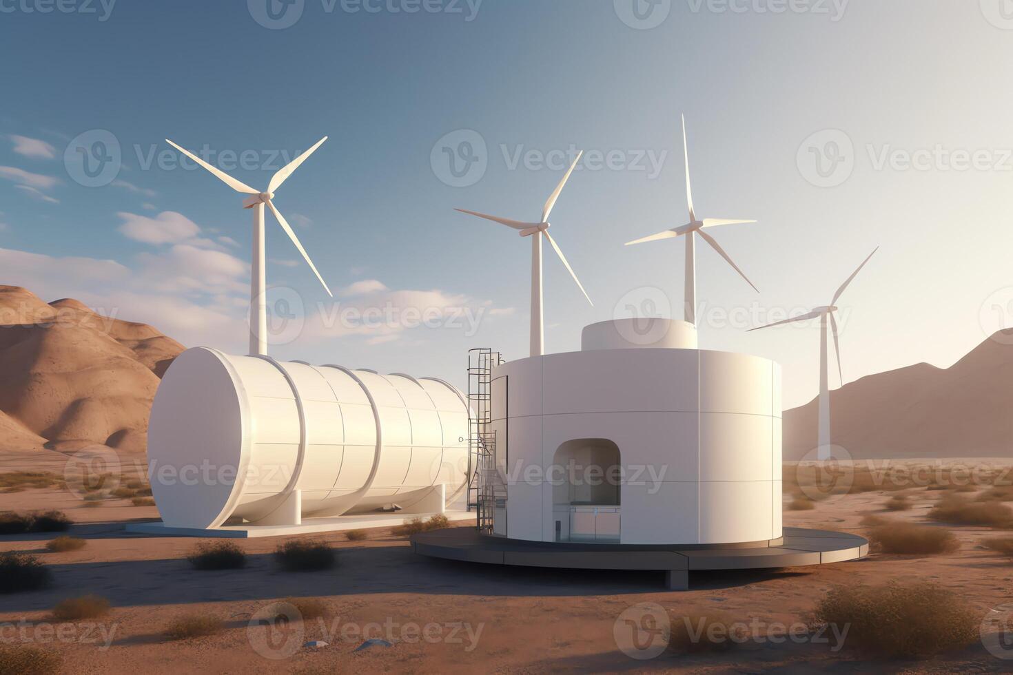 h2 tank, sol- paneler, och vind turbiner i 3d tolkning. ai genererad foto