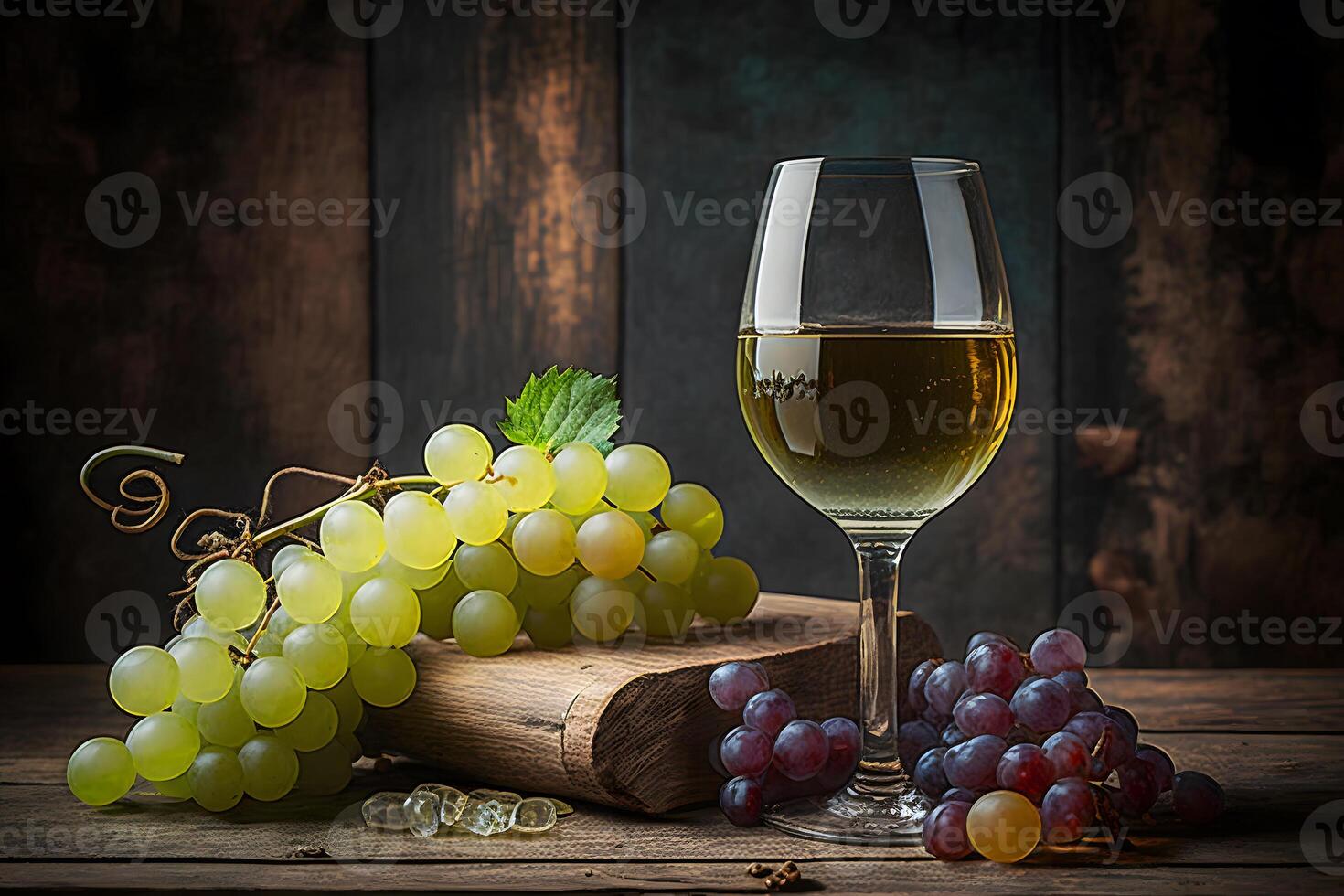 glas av torr vit vin mogen vindruvor och glas på tabell i vingård. neuralt nätverk ai genererad foto