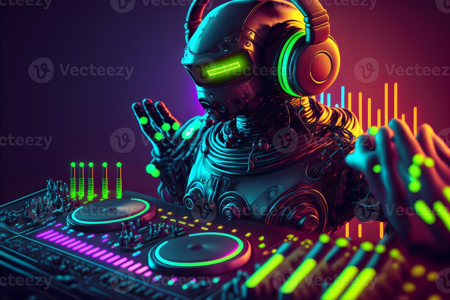 robot skiva jockey på de dj mixer och skivspelare spelar nattklubb under fest. EDM underhållning fest begrepp. neuralt nätverk genererad konst foto