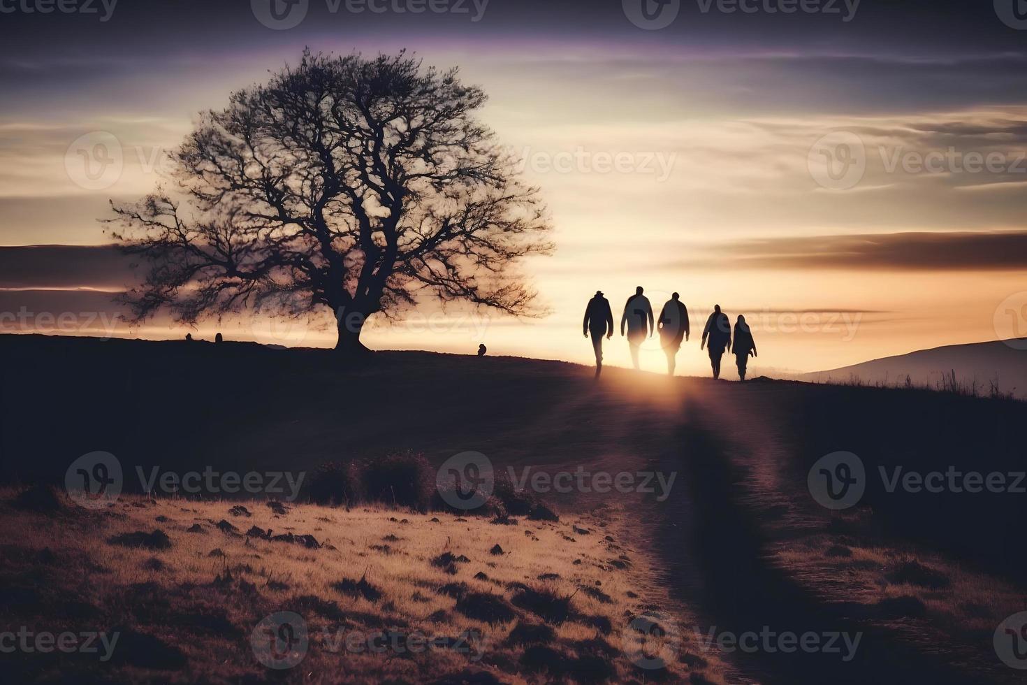 en grupp av människor gående in i de solnedgång. skön landskap. neuralt nätverk genererad konst foto