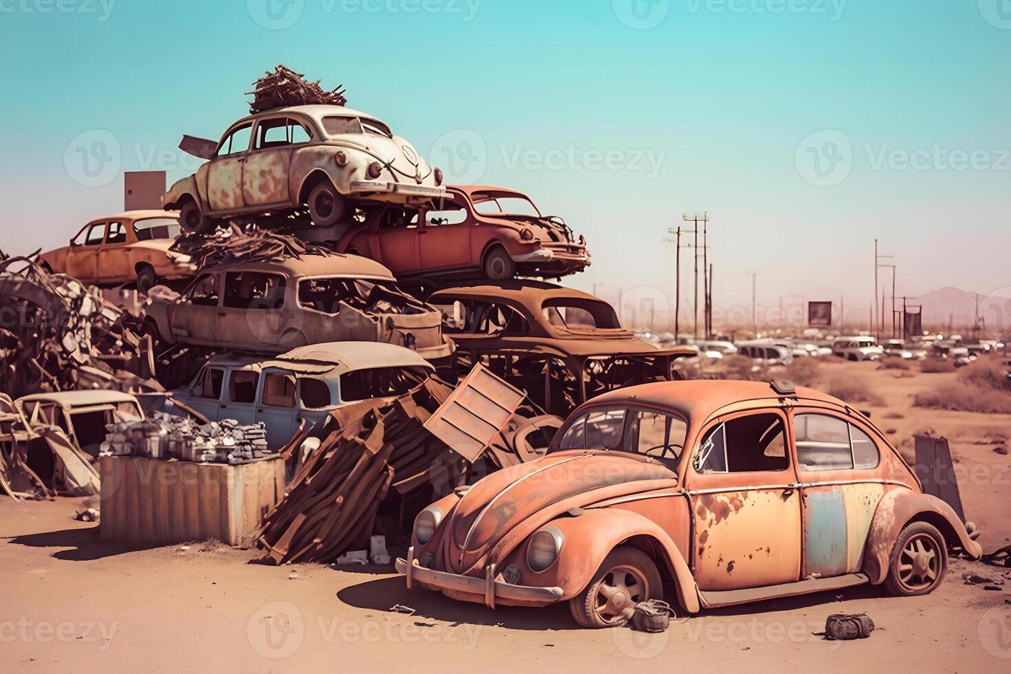 bilar kyrkogård, lugg av krossad och deformerad bilar väntar till vara återvunnet i ett gammal bilar kyrkogård. neuralt nätverk ai genererad foto