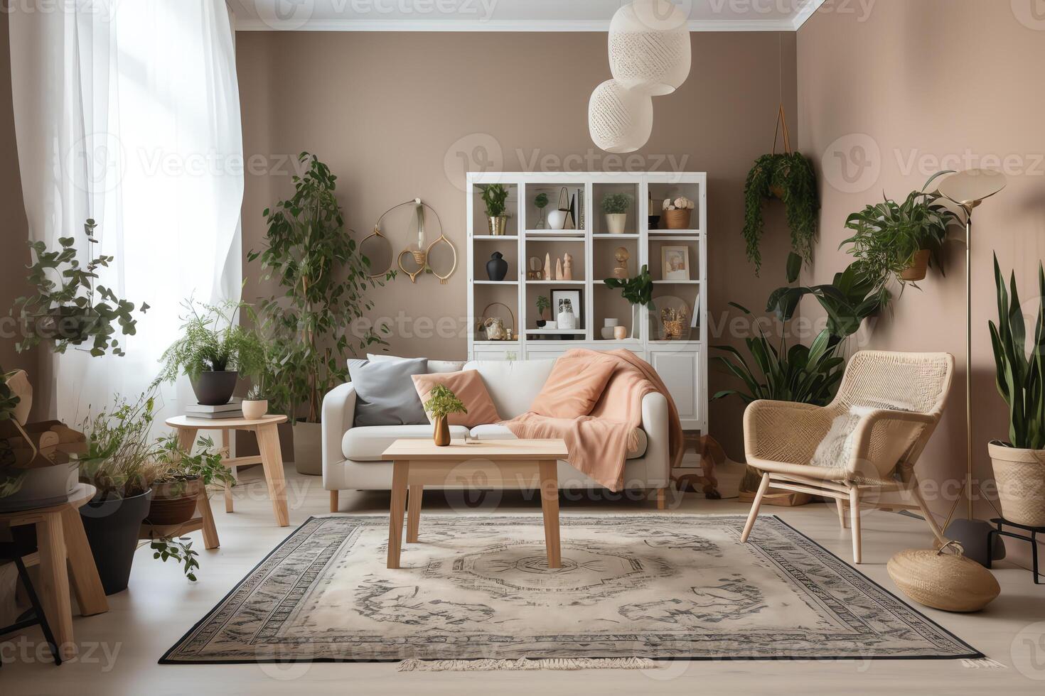 mysigt levande rum med beige soffa, växter, hylla, matta. ai genererad foto