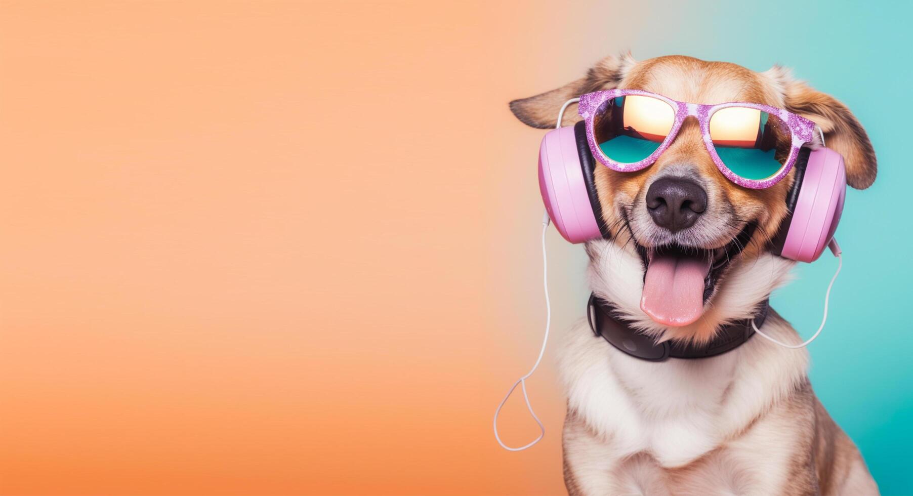 stänga upp porträtt av hund bär glasögon och headset. isolerat på färgrik bakgrund, med copyspace. glad begrepp med lyssnande till musik. generativ ai foto