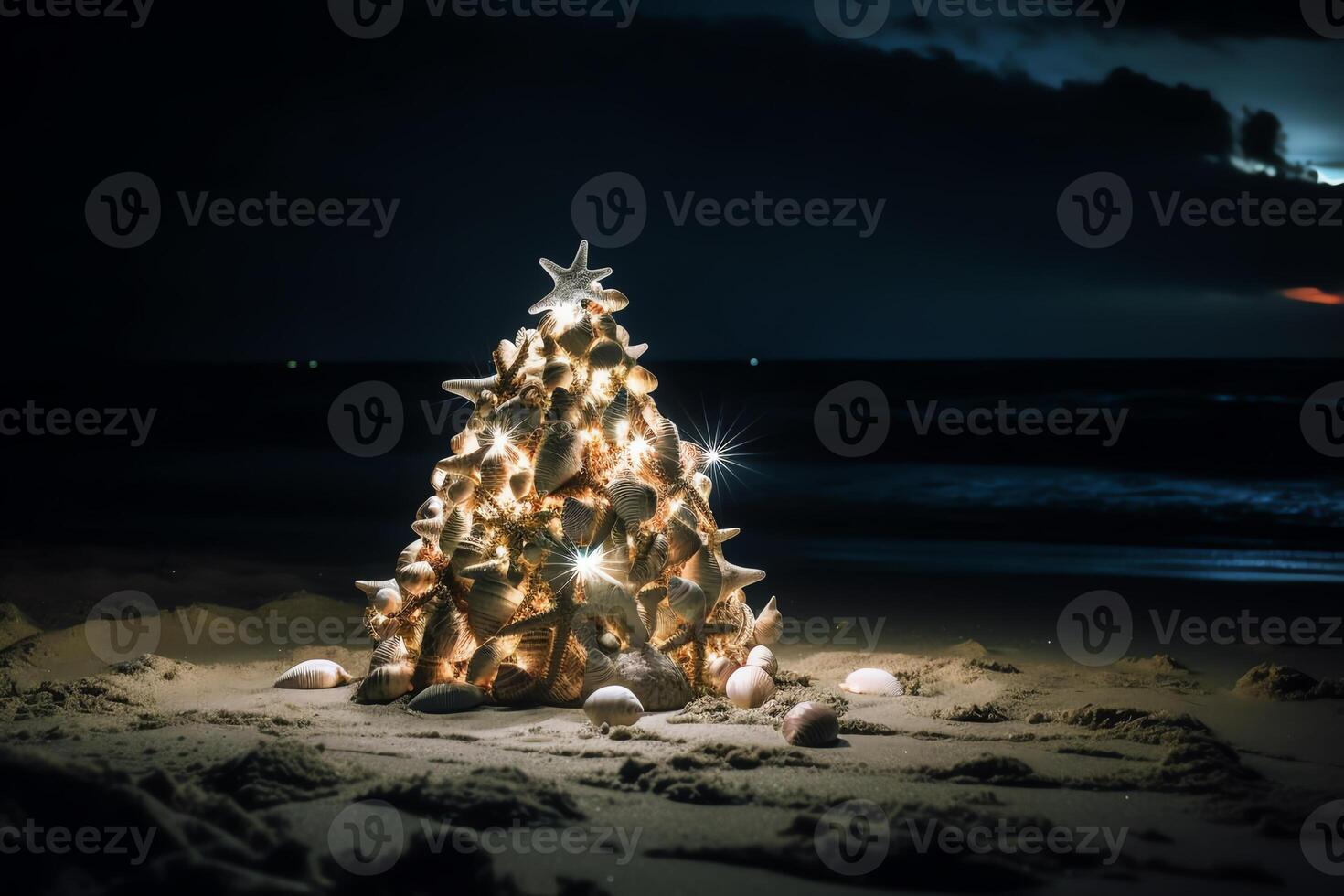 snäckskal och sjöstjärna jul träd på strand på natt. jul eve. ai genererad foto