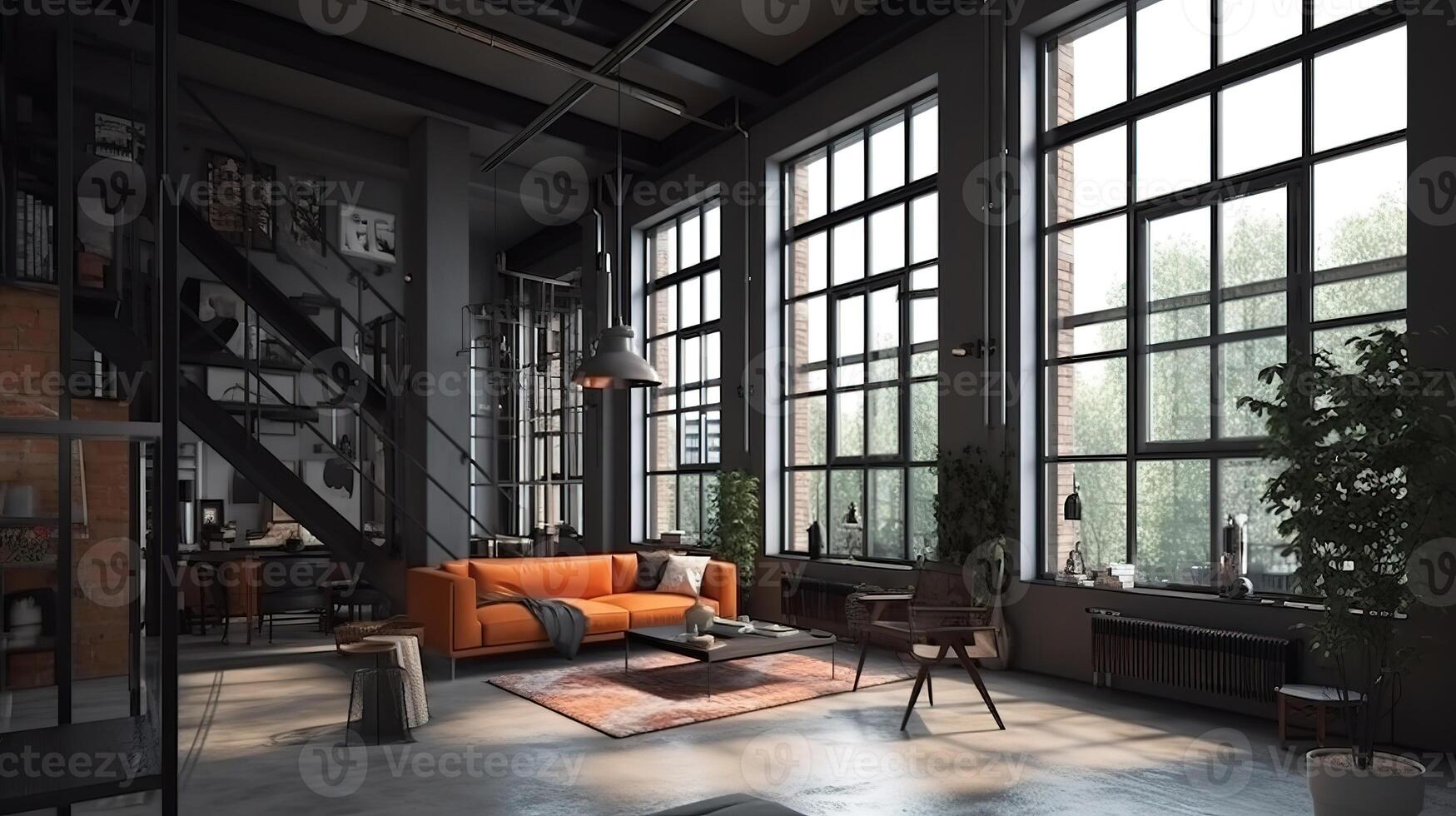 levande rum loft i industriell stil ,3d framställa, ljus Färg. generativ ai foto