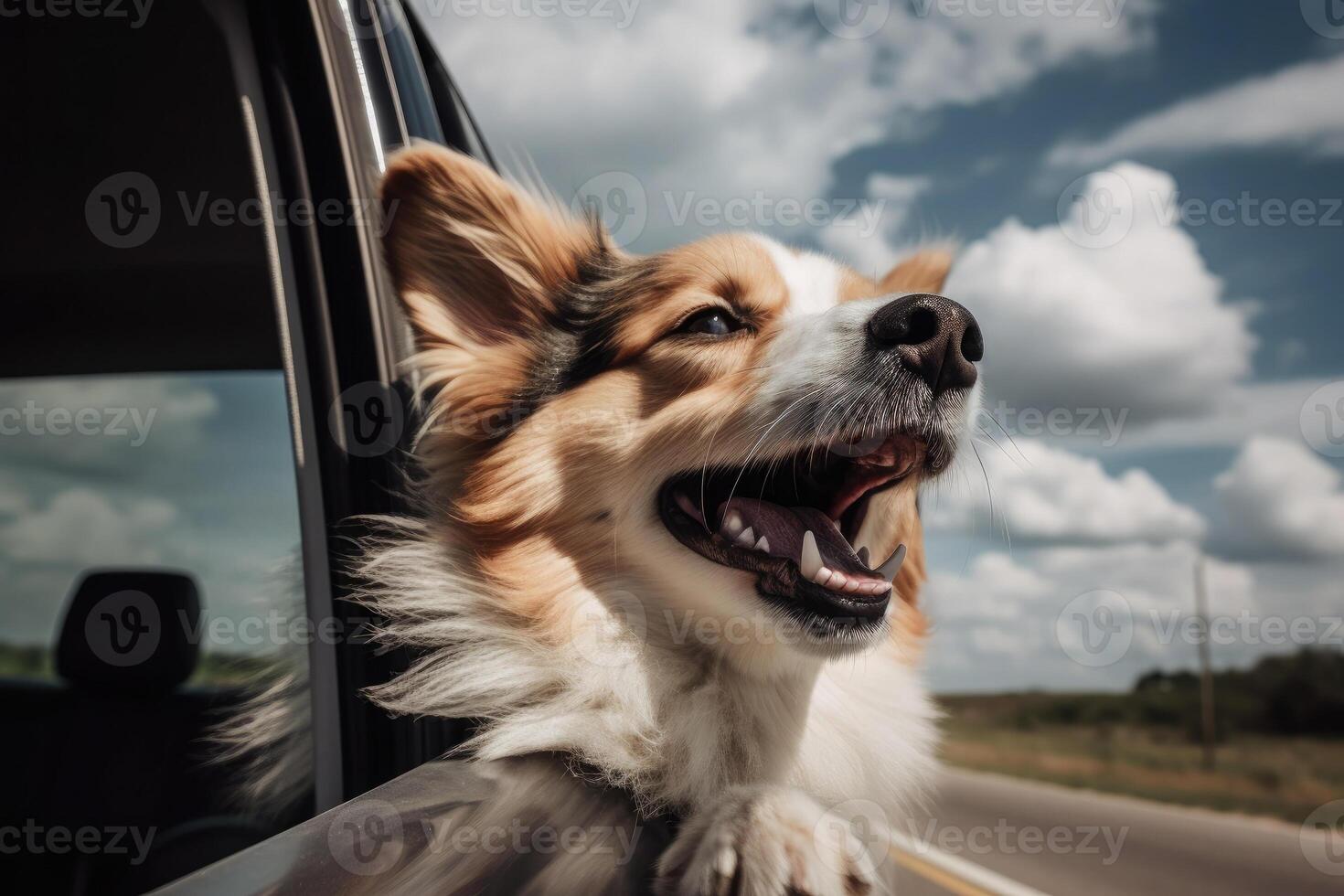 Lycklig hund utseende ut från bil fönster. väg resa med hund. generativ ai foto