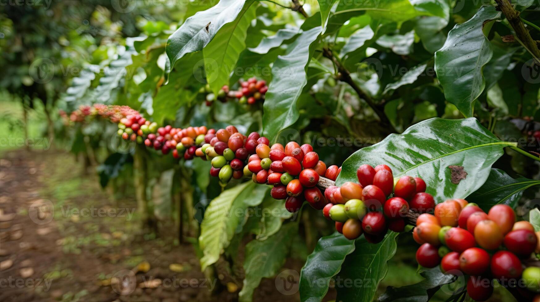 kaffe träd med röd kaffe bönor på kaffe plantage. generativ ai foto
