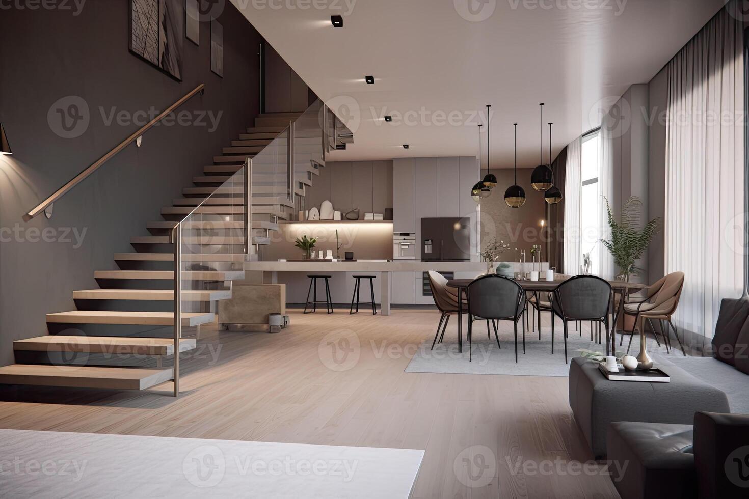 lägenhet med rymlig levande rum, trappa och stor fönster. modern levande rum interiör. generativ ai foto
