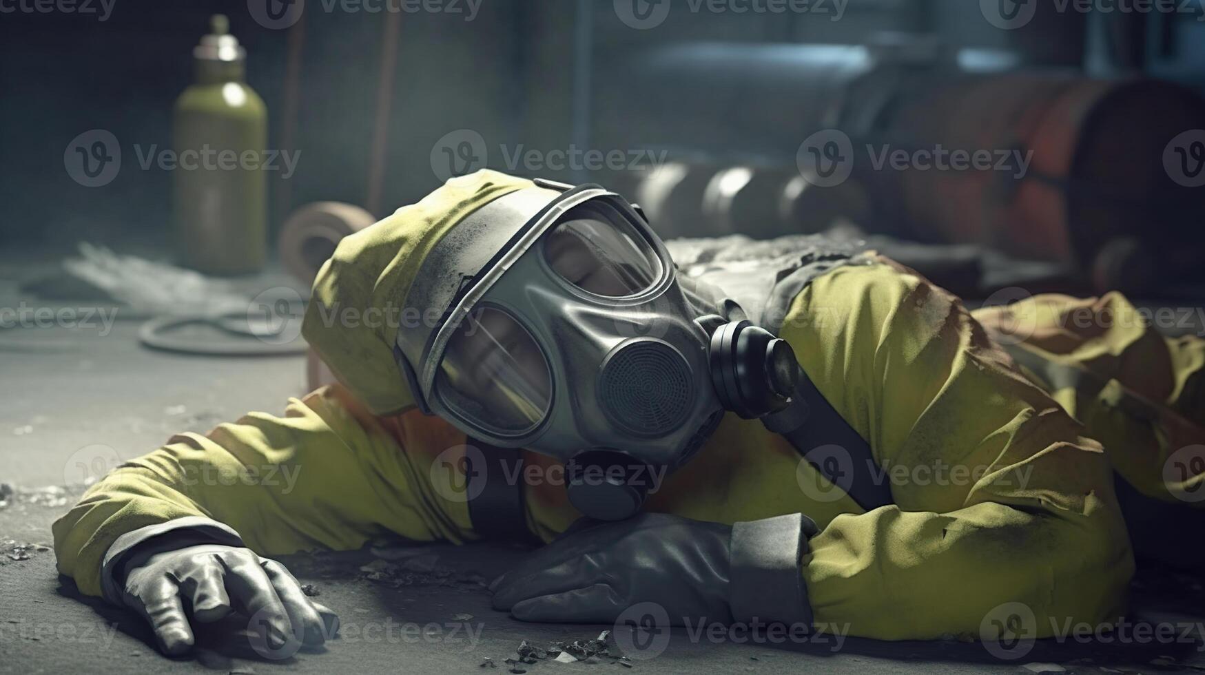 kemikalier arbetstagare i hazmat kostym och gas mask liggande ner, säkerhet arbete , genererad ai bild foto