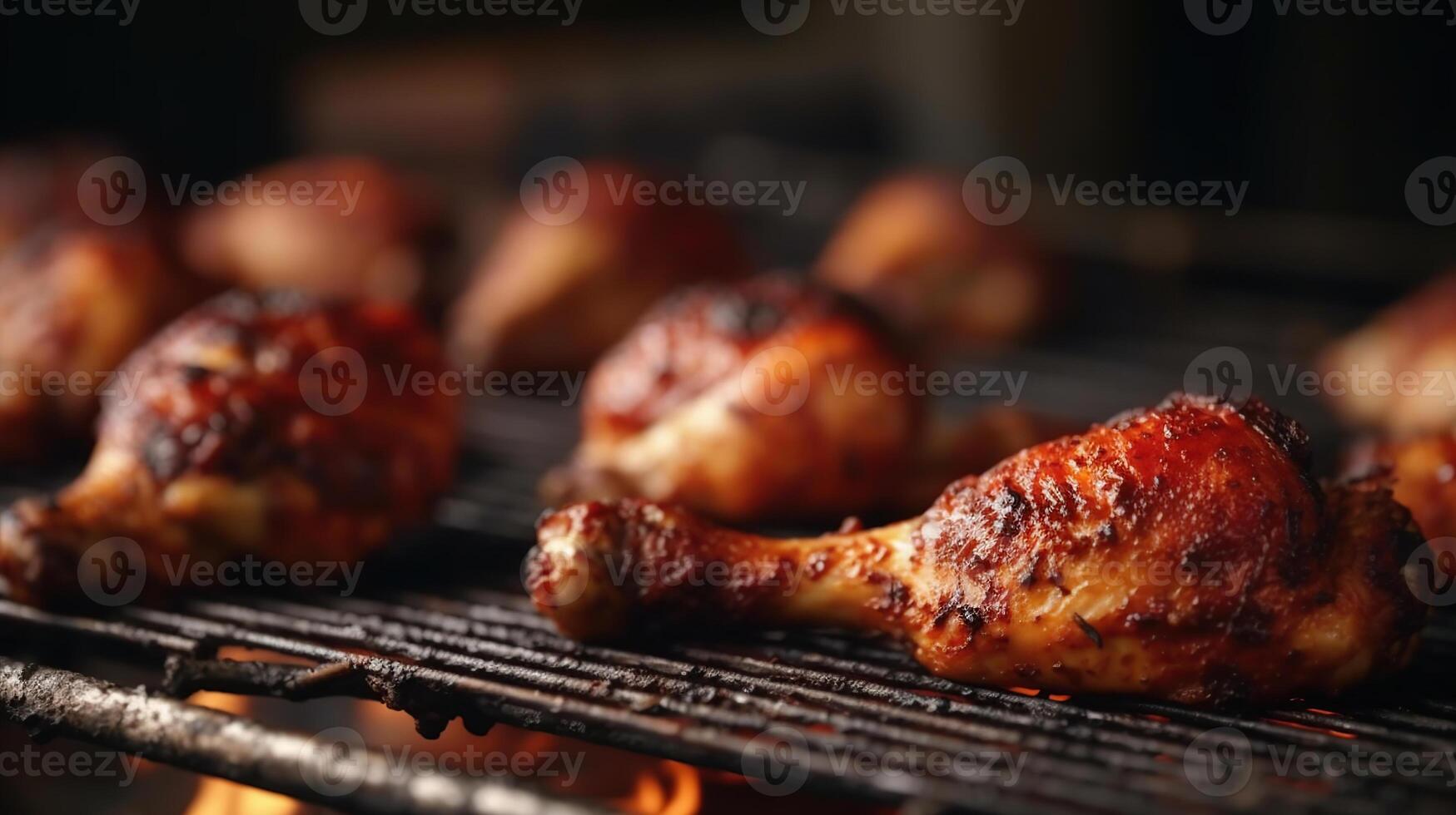 saftig kryddat kyckling trumpinnar på en grill med rökning, genererad ai bild foto