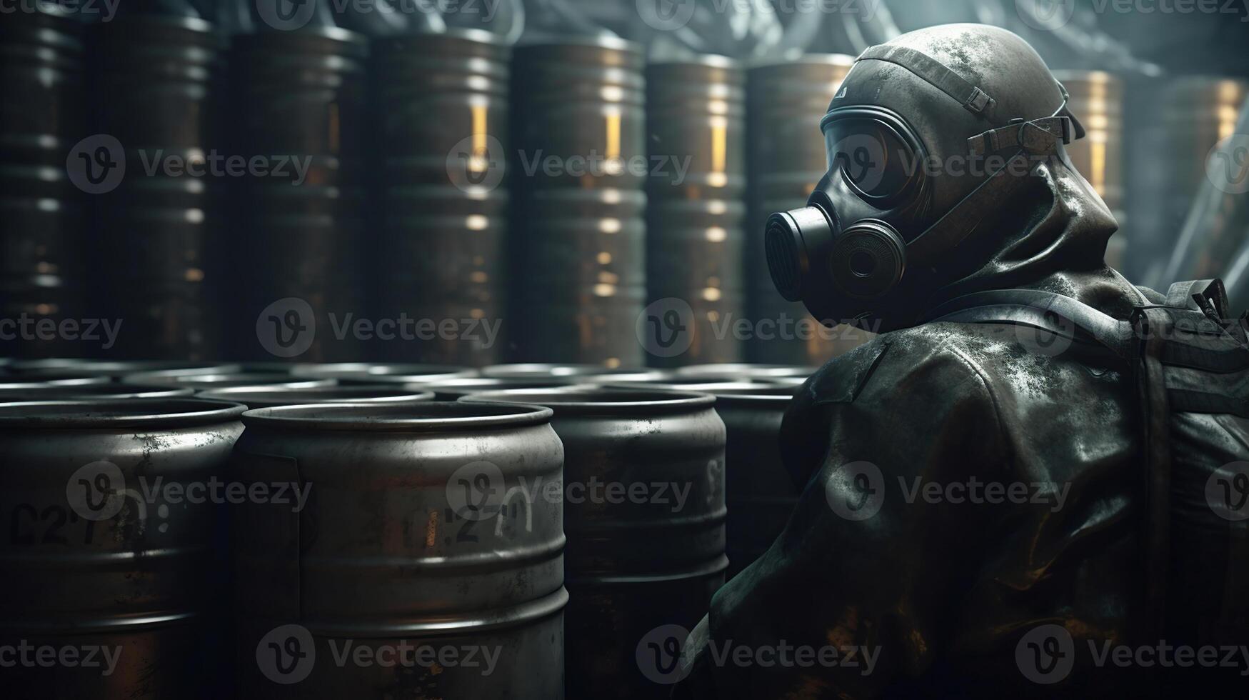 professionell kemisk arbetstagare i skydd kostym och gas mask hantering farlig material inuti kemikalier produktion växt., genererad ai bild foto