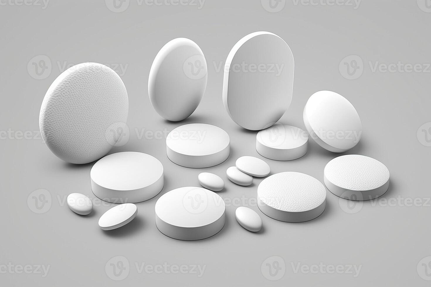 vit medicinsk piller i bulk av olika former på en grå bakgrund. hälsa vård, behandling. ai genererad. foto