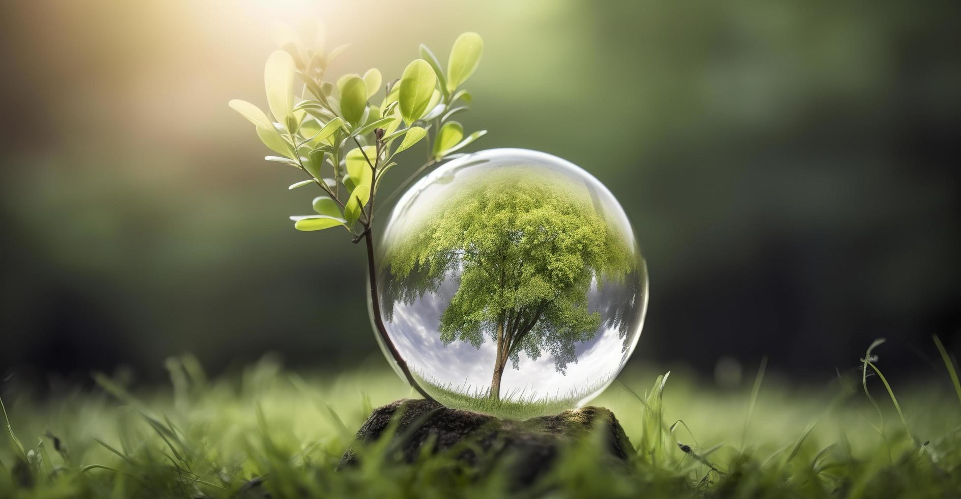 Foto glas klot boll med träd växande och grön natur fläck bakgrund eco jord dag begrepp, generat ai