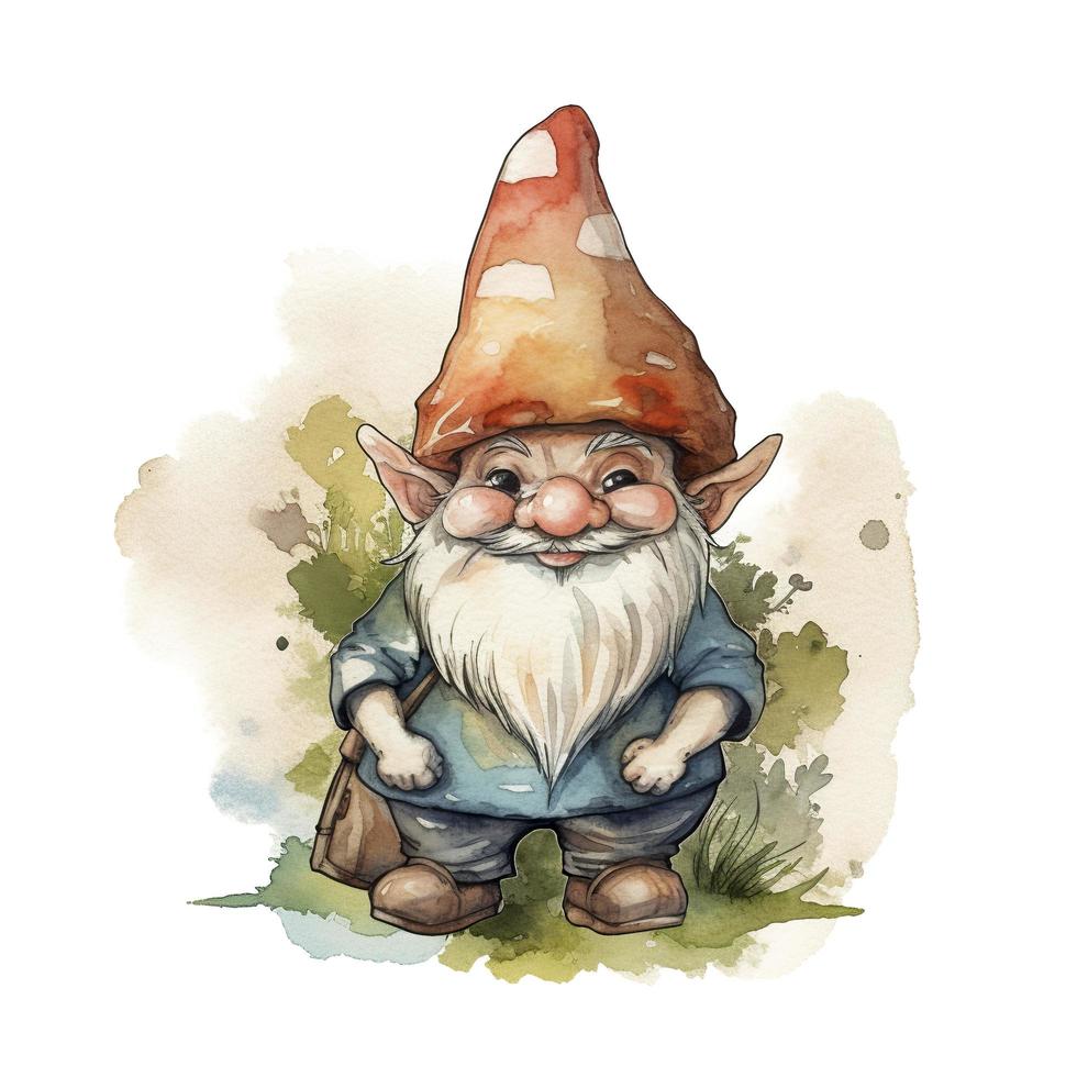 gnome vattenfärg, klistermärke, glad, dämpad Färg, retro, kontur, vit bakgrund, generat ai foto