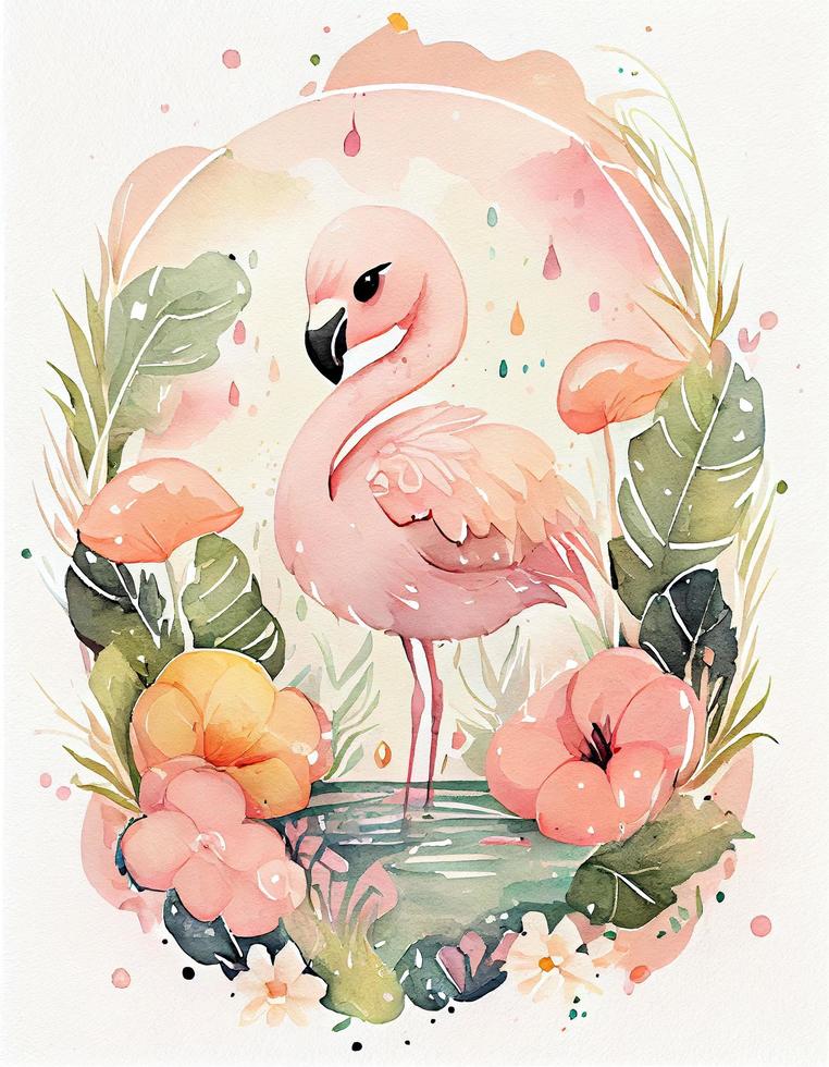 reamy vattenfärg söt Lycklig chibi flamingo med blommig saga bakgrund, mjuk pastell färger, generat ai foto
