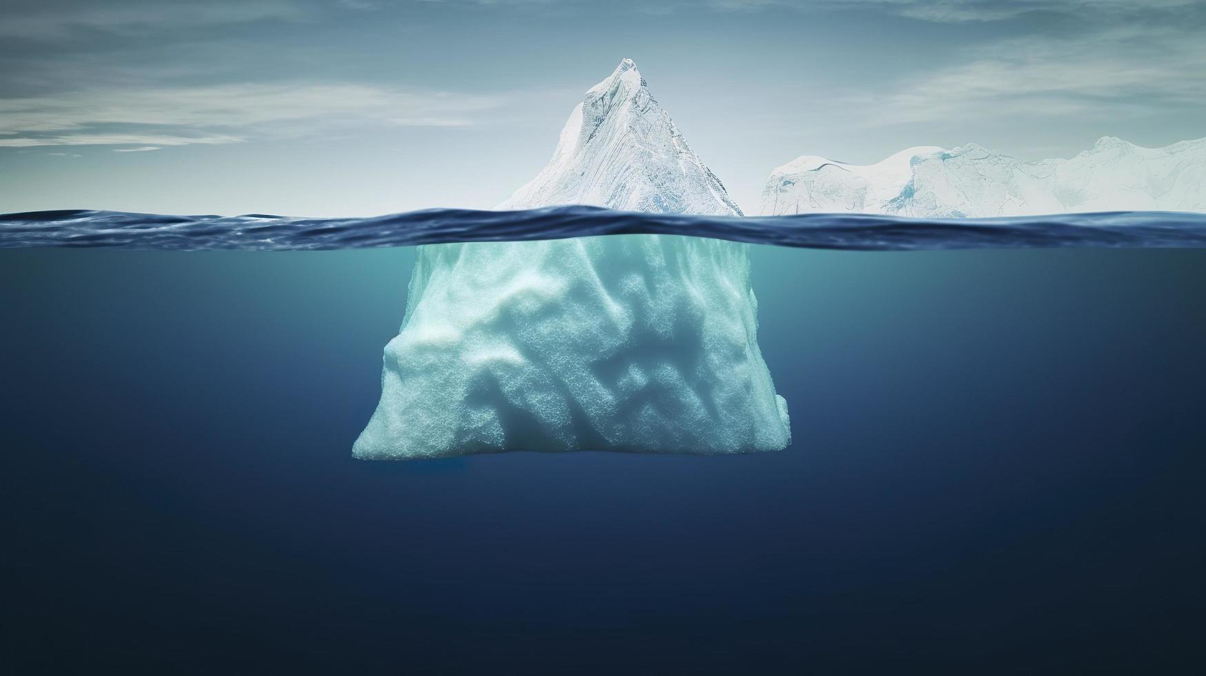 isberg med ovan och under vattnet se tagen i grönland. isberg - dold fara och global uppvärmningen begrepp. isberg illusion kreativ aning, generat ai foto