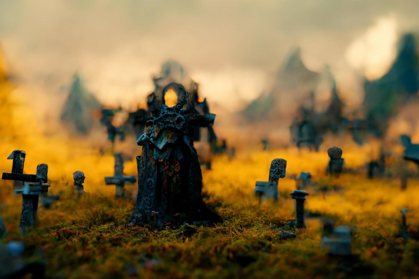 kyrkogård fylld med massor av gravstenar och går över. generativ ai. foto