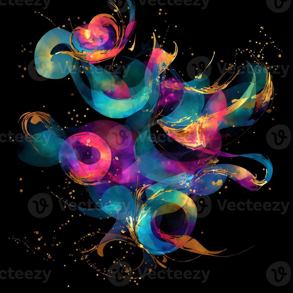 abstrakt Flerfärgad måla stänk explosion på svart bakgrund, abstrakt virvlande bakgrund, generativ ai foto