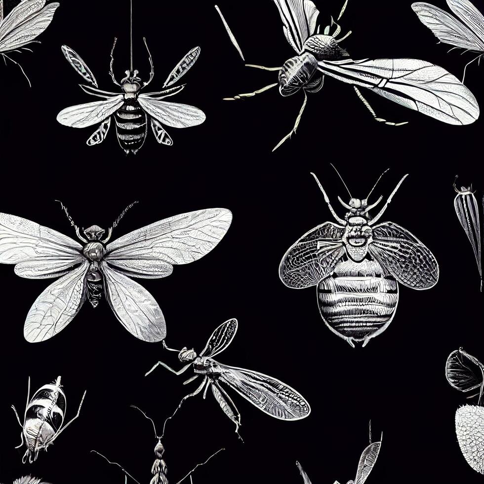 samling av insekter på en svart bakgrund. generativ ai. foto