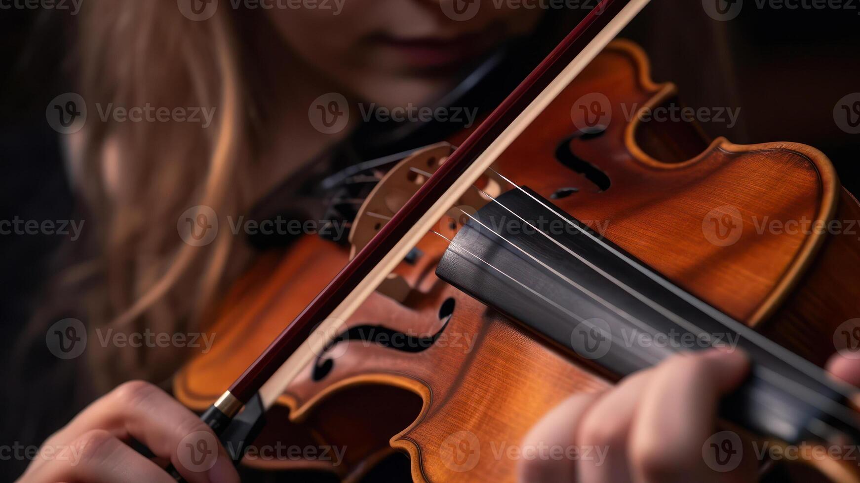 flicka händer spelar de fiol, leva klassisk musik generativ ai foto