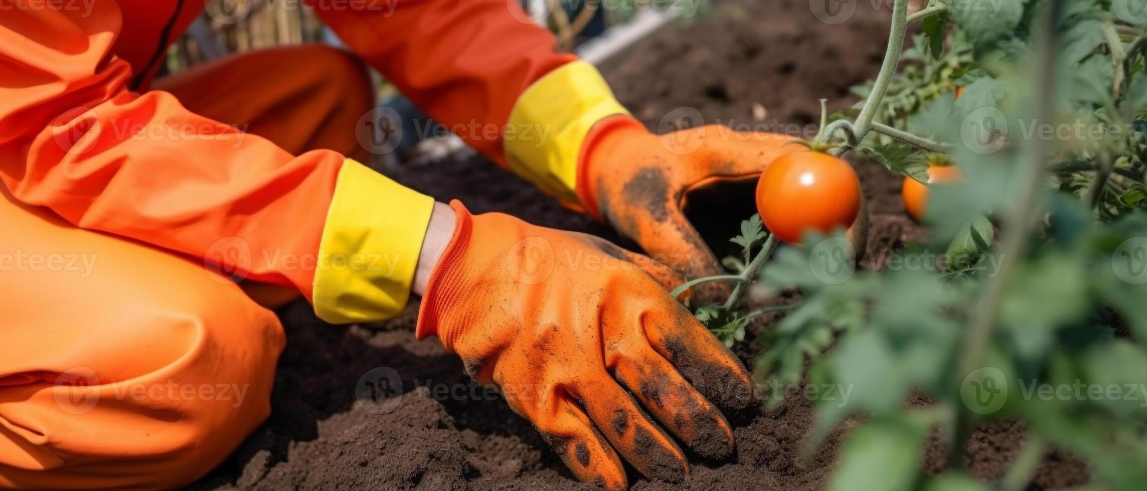 närbild bild av kvinna s händer i trädgårdsarbete handskar plantering tomat. foto