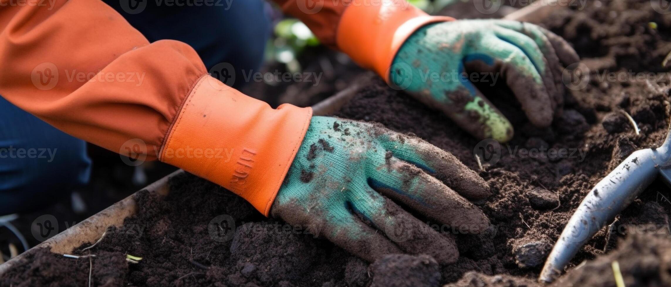 närbild bild av kvinna s händer i trädgårdsarbete handskar plantering tomat. foto