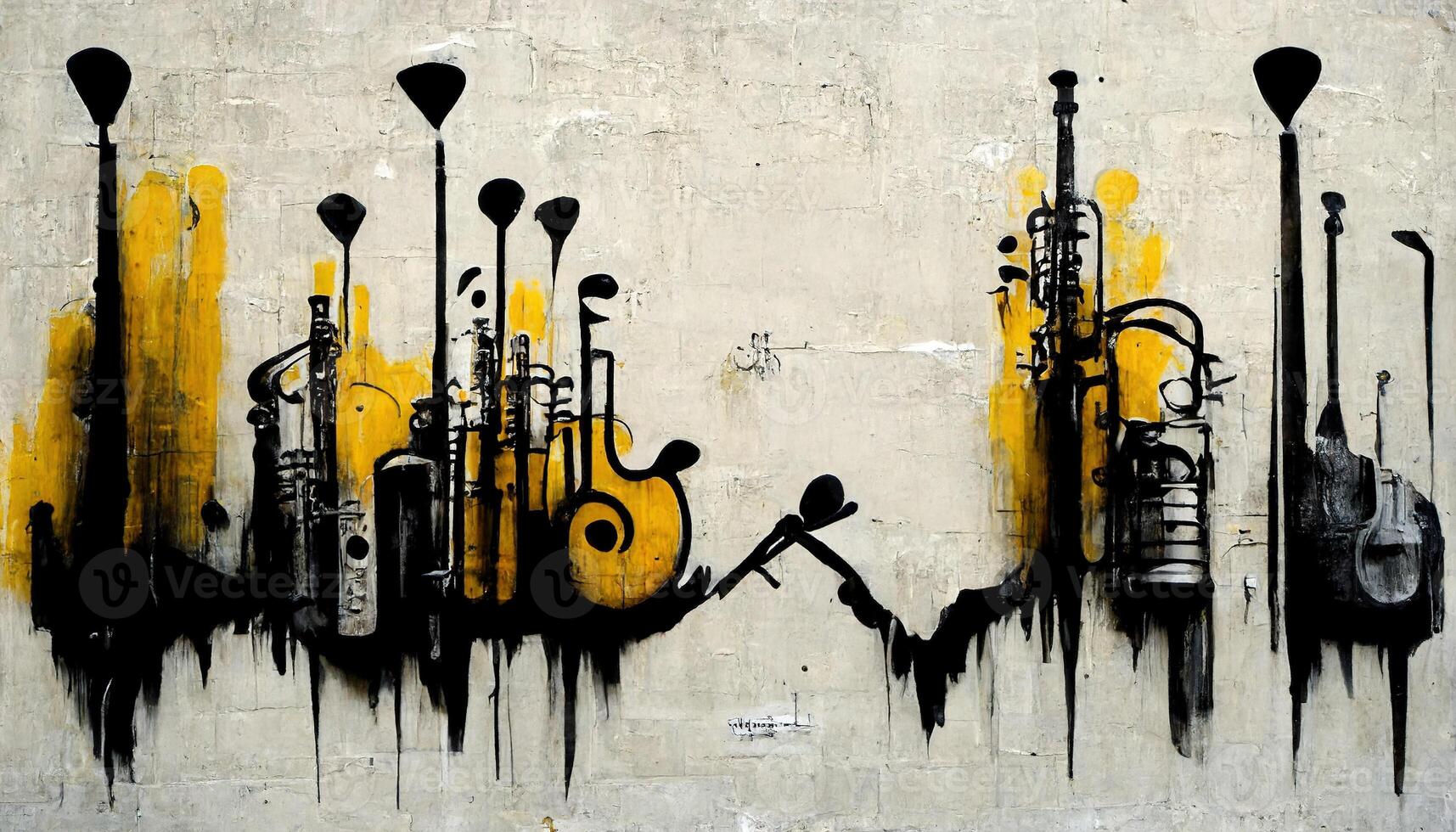 generativ ai, abstrakt gata konst med nycklar och musikalisk instrument silhuetter. bläck färgrik graffiti konst på en texturerad papper årgång bakgrund, inspirerad förbi banksy foto