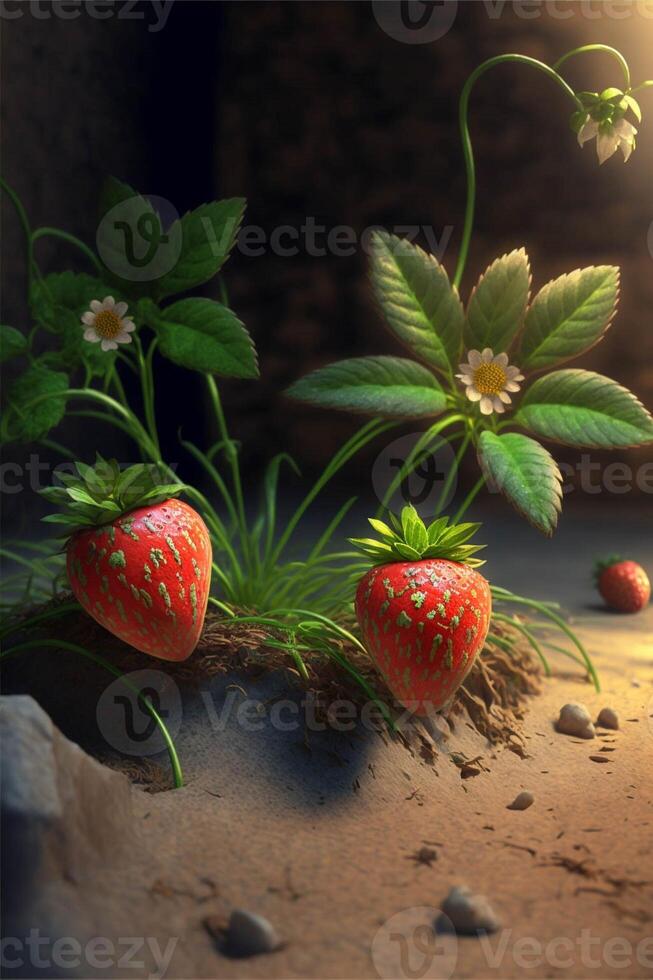 grupp av jordgubbar Sammanträde på topp av en sandig jord. generativ ai. foto