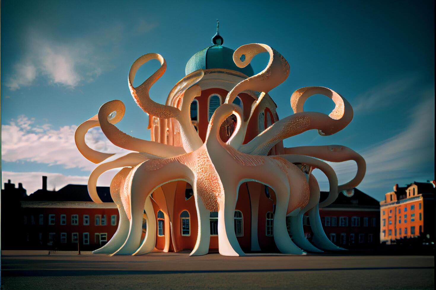 byggnad med ett bläckfisk staty i främre av Det. generativ ai. foto