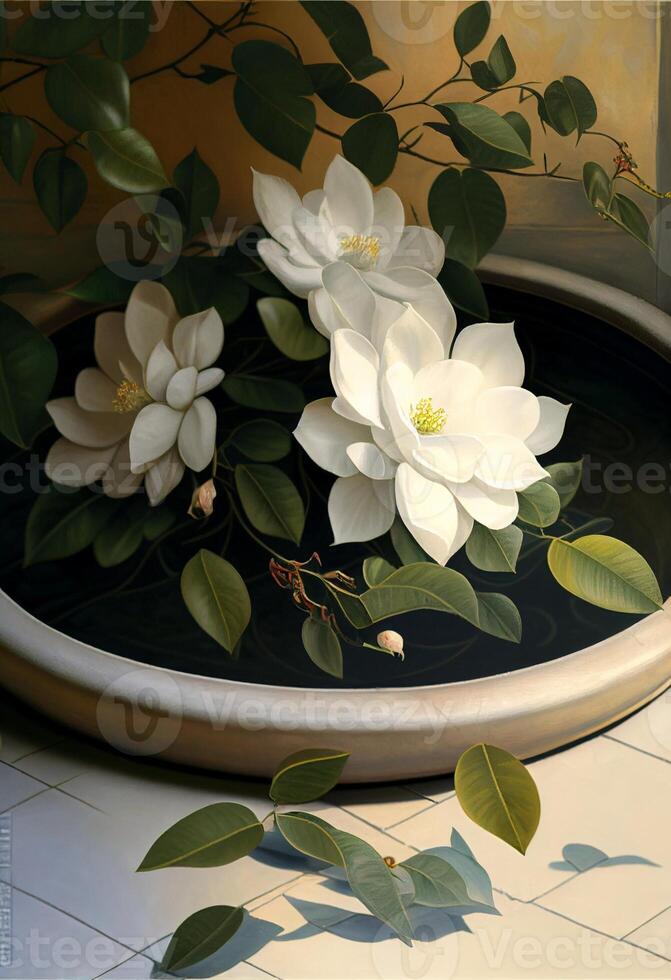 målning av vit blommor i en skål av vatten. generativ ai. foto