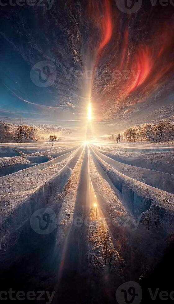 de Sol är miljö över en snö täckt fält. generativ ai. foto
