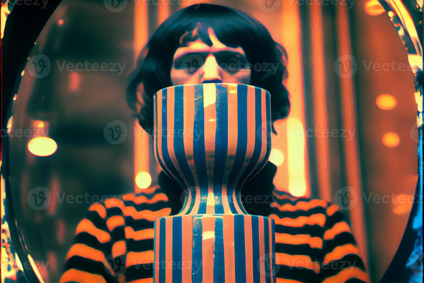 kvinna innehav en randig vas i främre av henne ansikte. generativ ai. foto