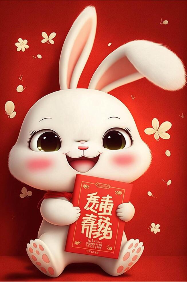 vit kanin innehav en röd bok i främre av en röd bakgrund. generativ ai. foto