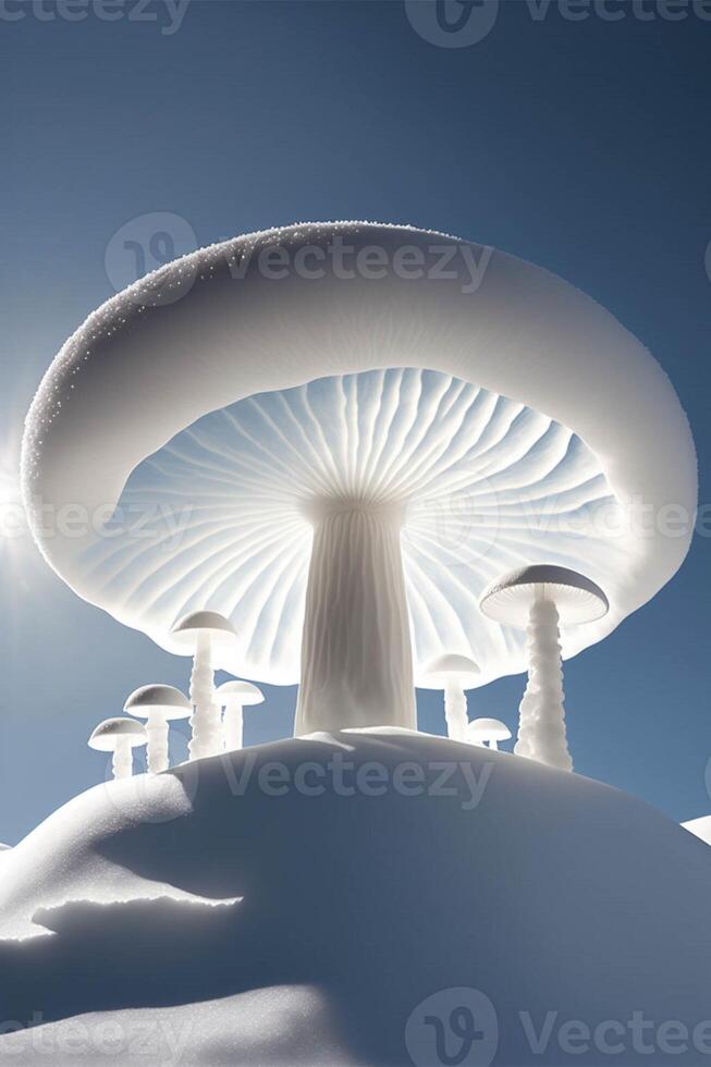 grupp av svamp Sammanträde på topp av en snö täckt kulle. generativ ai. foto