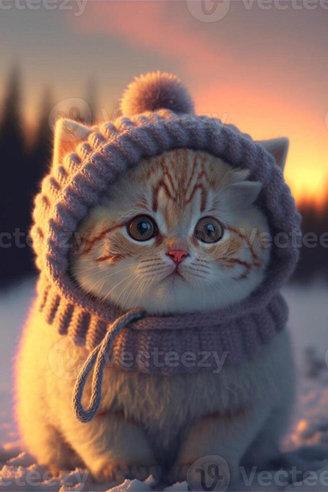 katt bär en hatt och scarf i de snö. generativ ai. foto