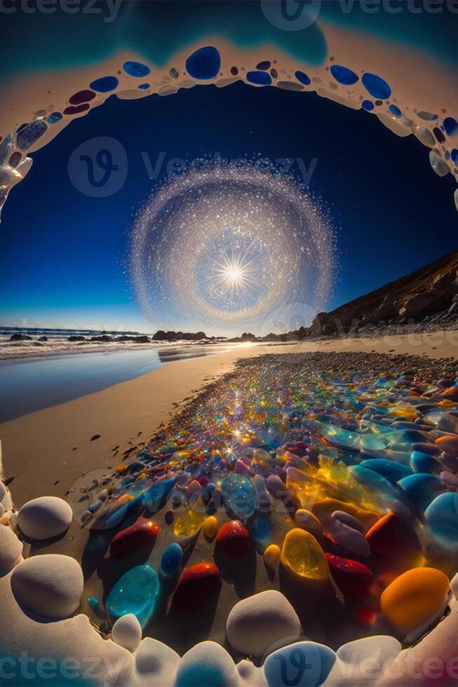 cirkulär slå samman i de mitten av en sandig strand. generativ ai. foto