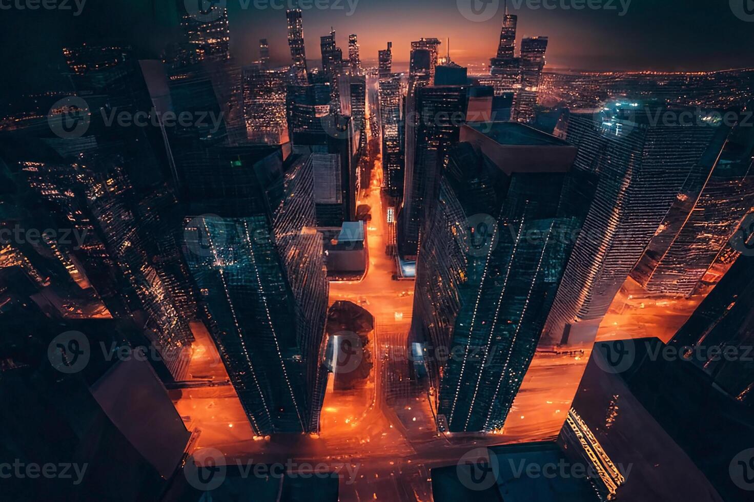 en modern stad på natt med skyskrapor. företag Centrum. generativ ai foto