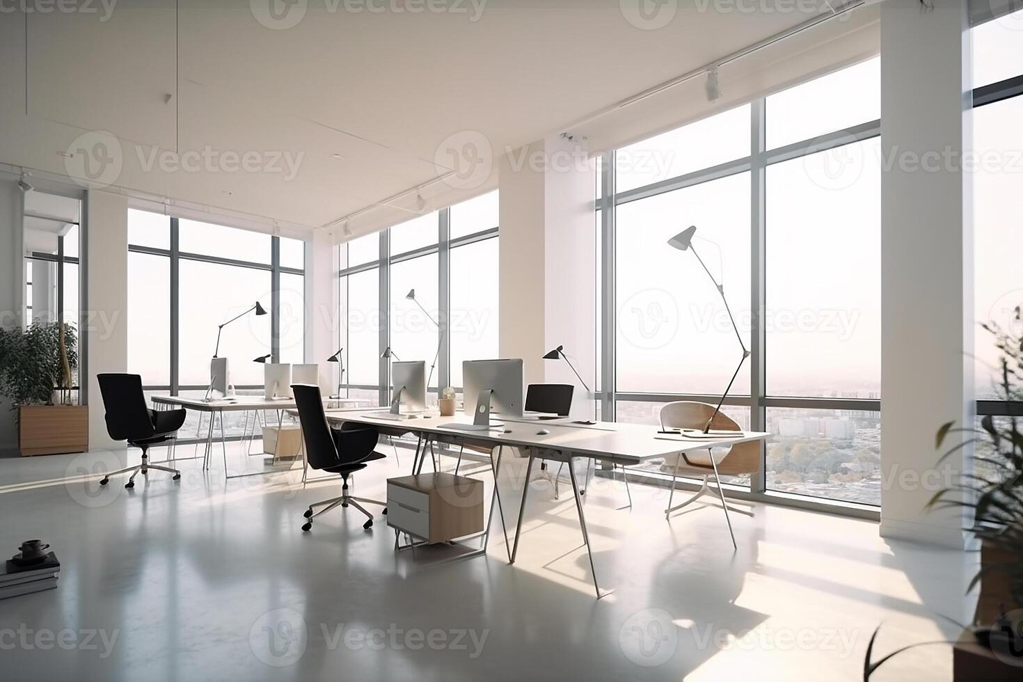 stor kontor med stor fönster med naturlig ljus i vit färger. företag interiör. generativ ai foto