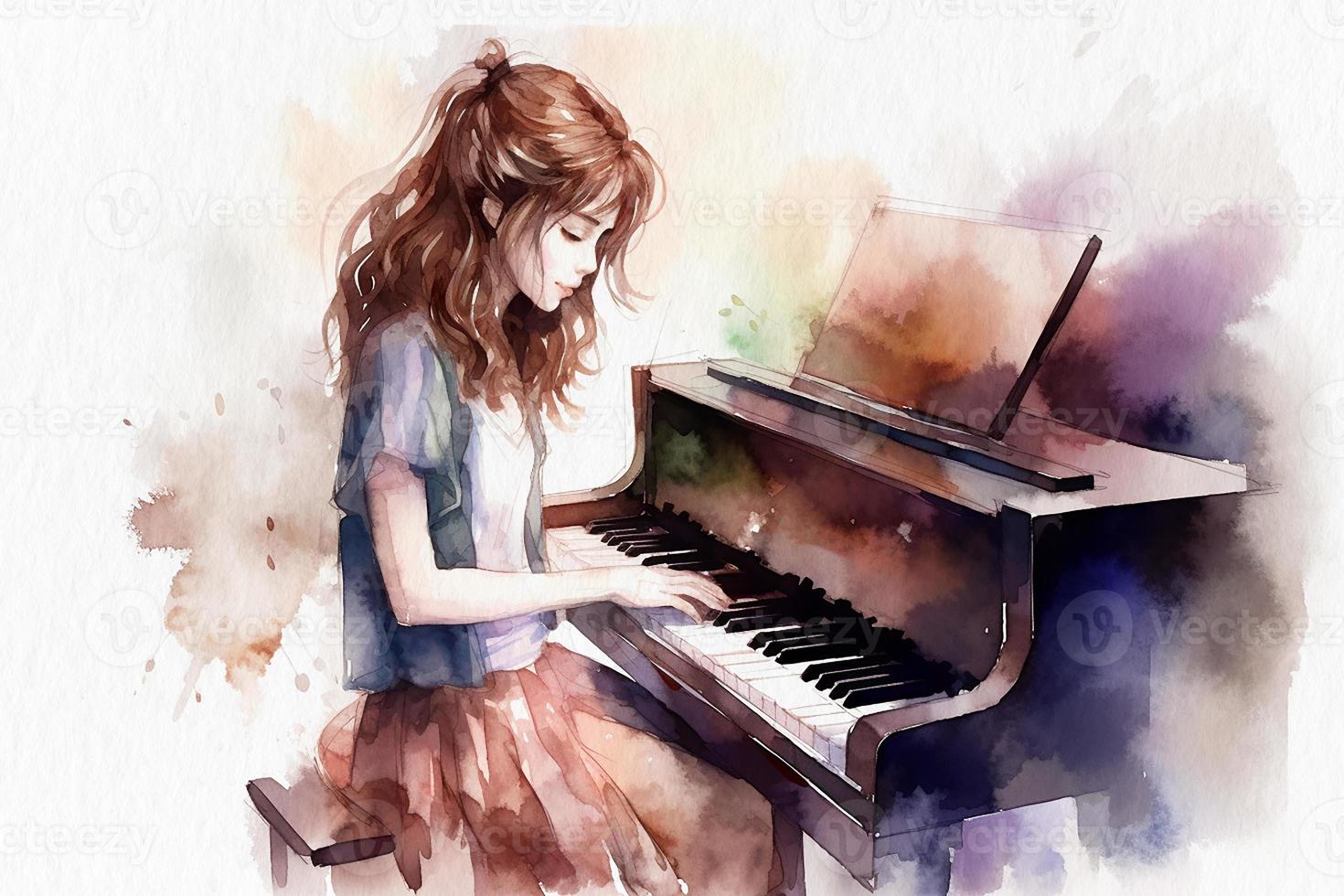flicka spelar de piano, en vattenfärg målning på texturerad papper. digital vattenfärg målning foto
