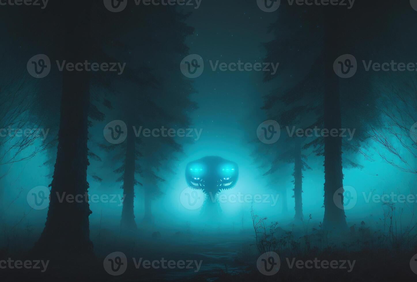 skrämmande utomjording monster i de dimmig natt skog. de kuslig silhuett av en enorm varelse med lysande ögon är upplyst förbi de måne. 3d tolkning. ai genererad. foto