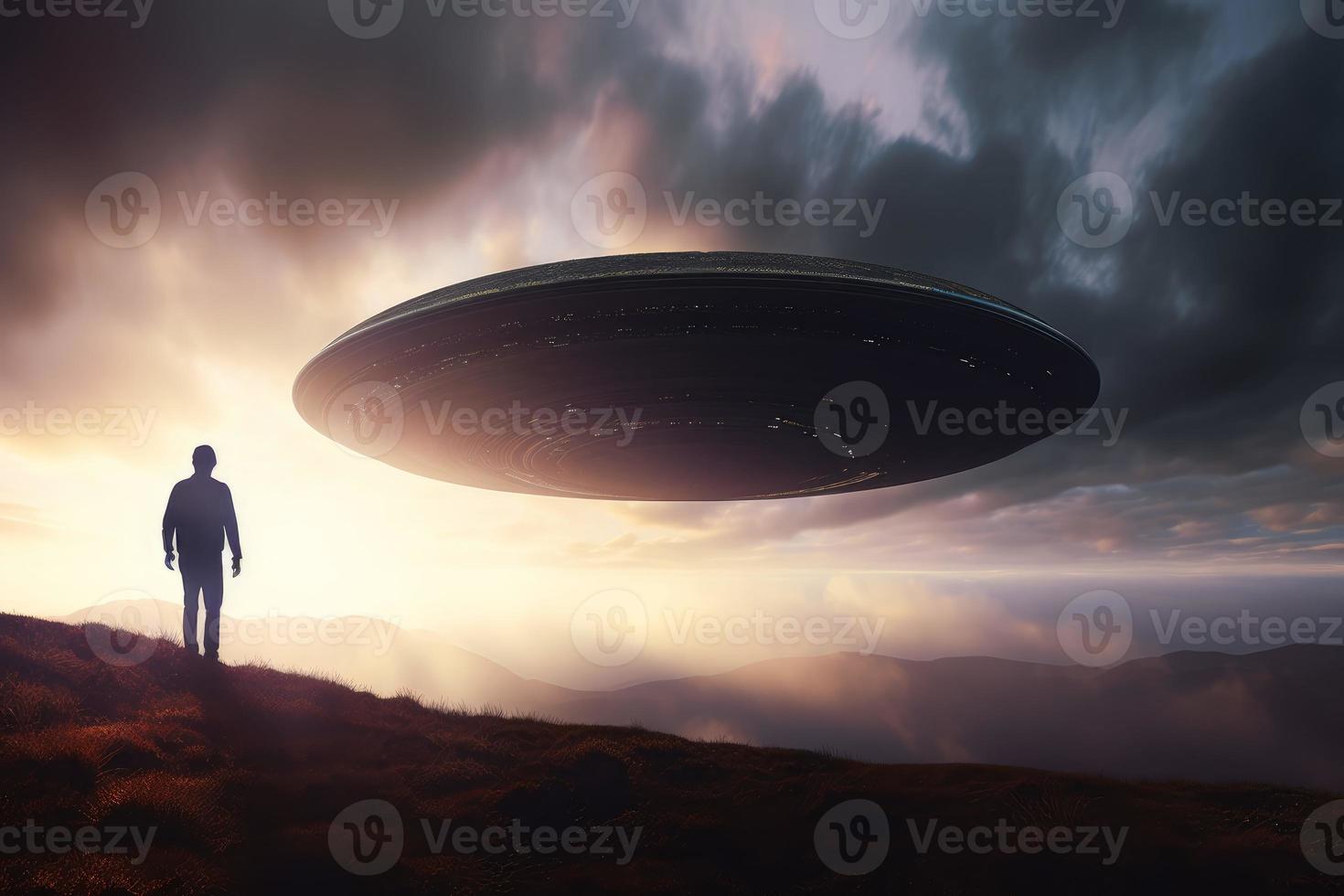 man UFO rymdskepp solnedgång. generera ai foto