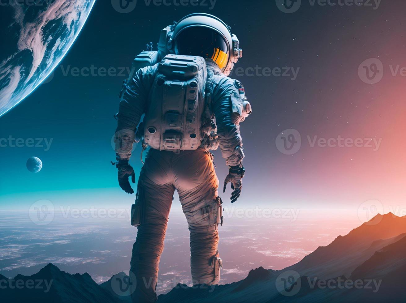astronaut i yttre Plats mot de bakgrund av de planet. foto