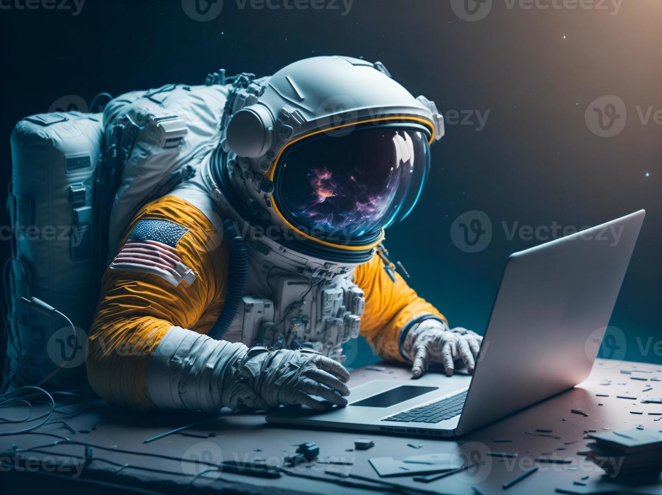 astronaut arbetssätt på bärbar dator på natt. Plats och teknologi begrepp. foto