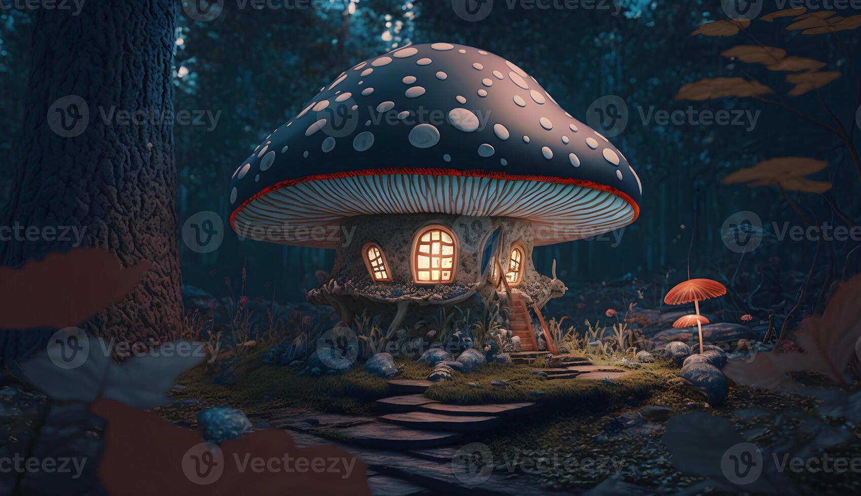 illustration av giftig svamp hus, dvärg fe- hus från giftig svamp generativ ai foto