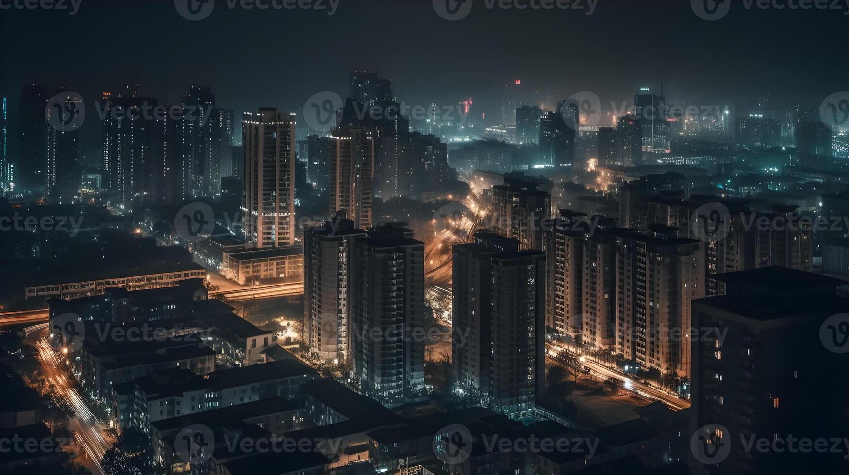 se av skyskrapor förbi Drönare på natt ,generativ ai foto