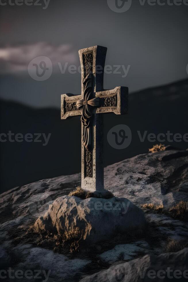 korsa symbol på de sten kulle, kristen symbol på topp av sten generativ ai foto