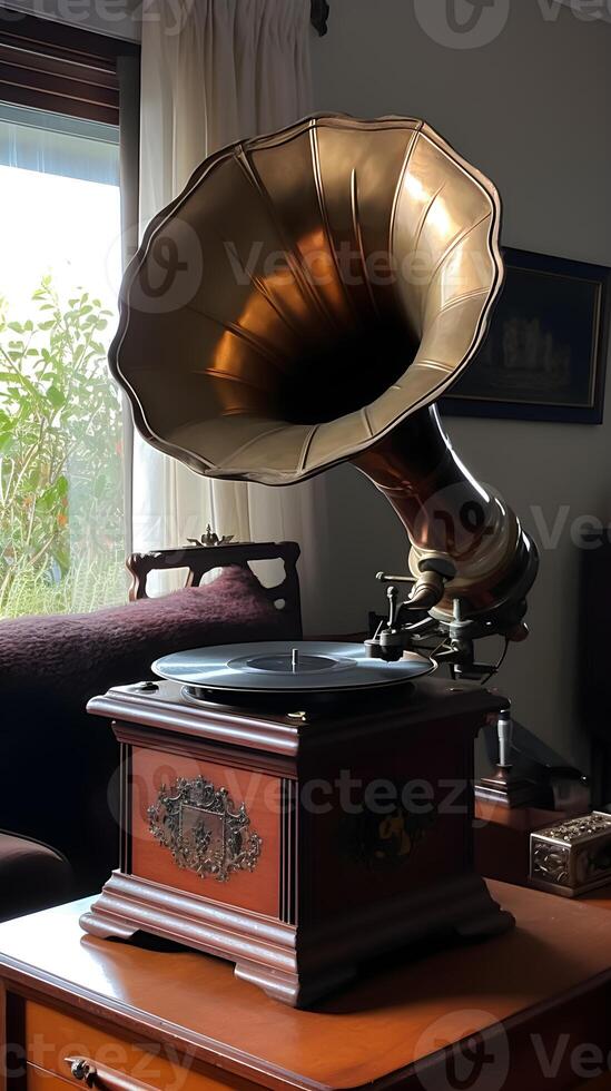 årgång klassisk gramafon musikalisk instrument, generativ ai foto
