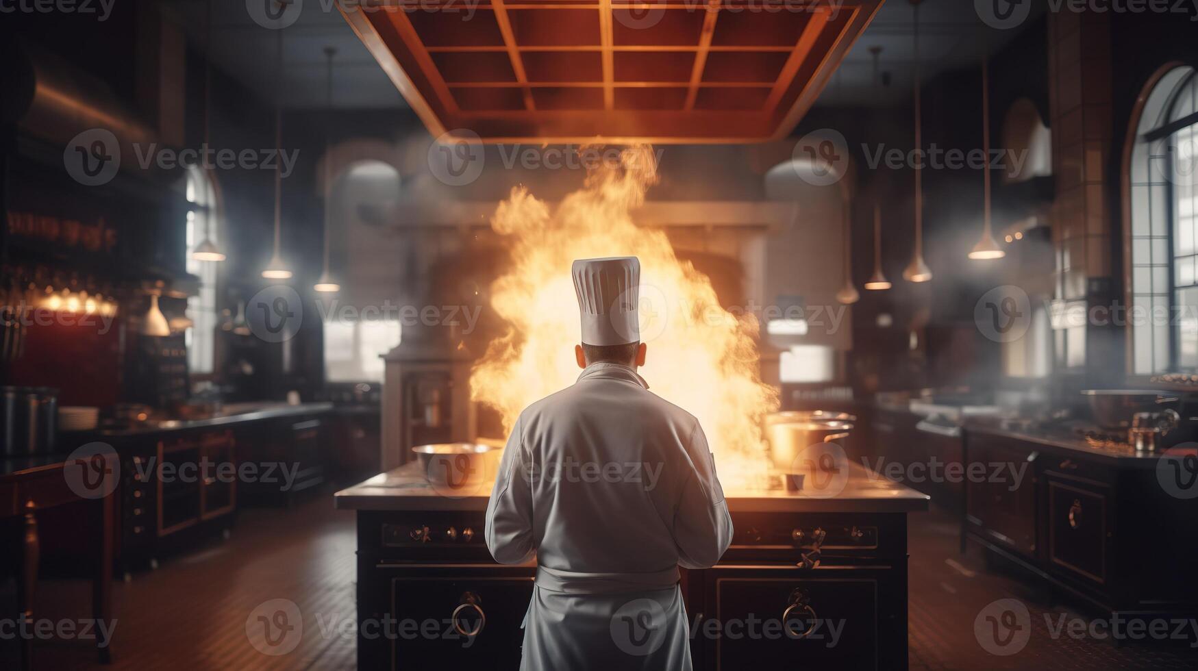 de bemästra kock i handling, skapande kulinariska magi mitt i rök och lågor i de restaurang kök. generativ ai foto